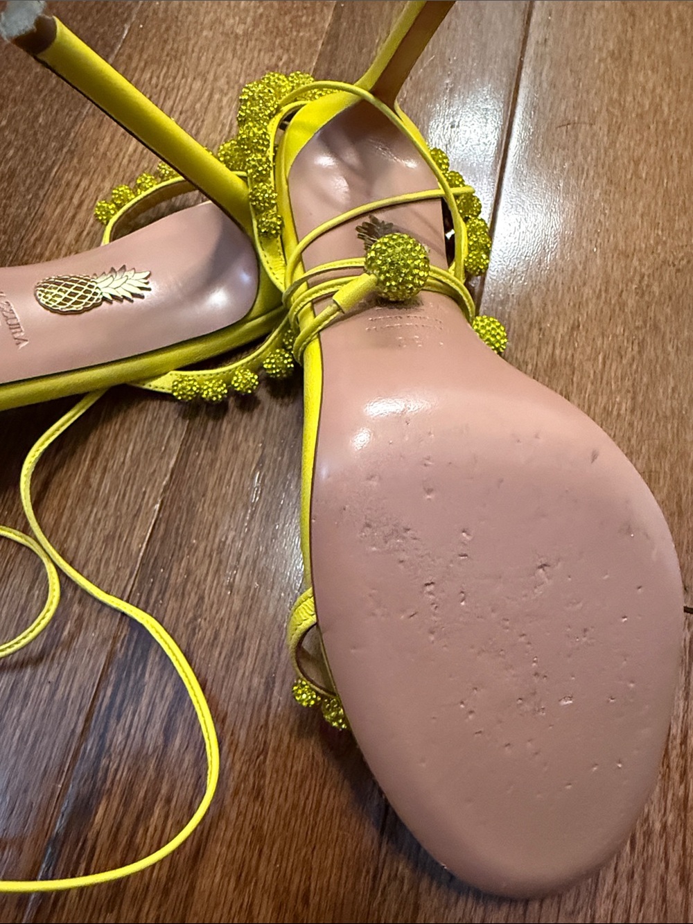 Aquazzura Yellow Pom-Pom Lace-Up Heels - Picture 7 of 7